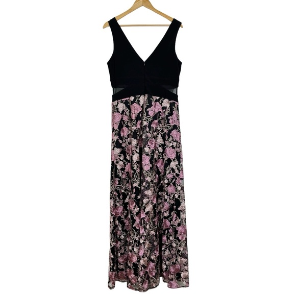 Xscape Floral Embroidered Front Slit Sleeveless Gown Maxi Dress Black + Pink 14 - Picture 4 of 16